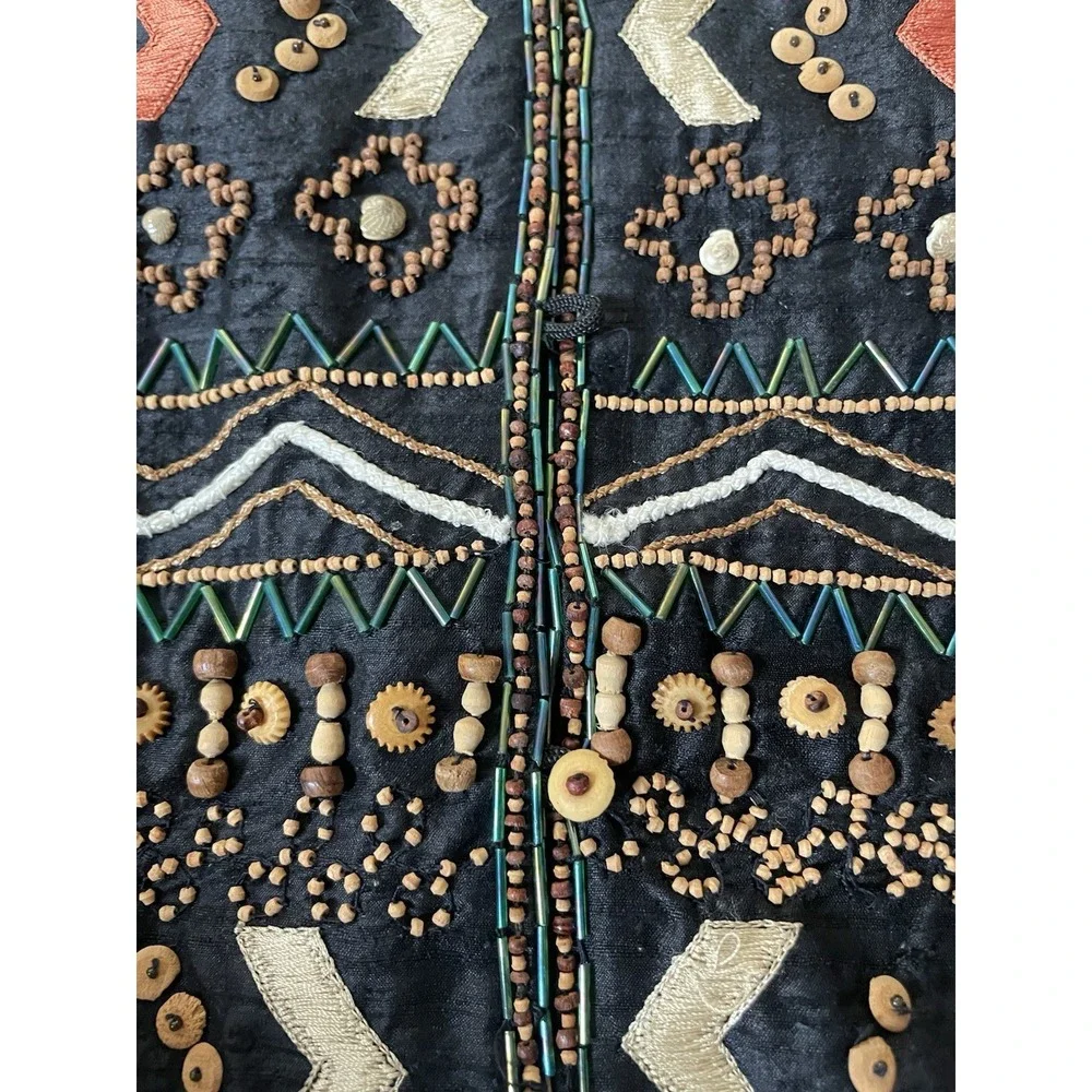 Vtg 80s Rafaella Beaded Silk Vest Sz M Black Button Up Aztec Western Cowgirl